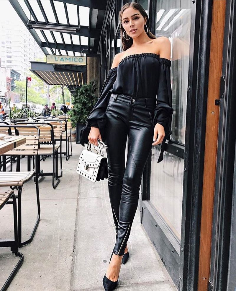 Black club outfit with leather pants and off shoulder top