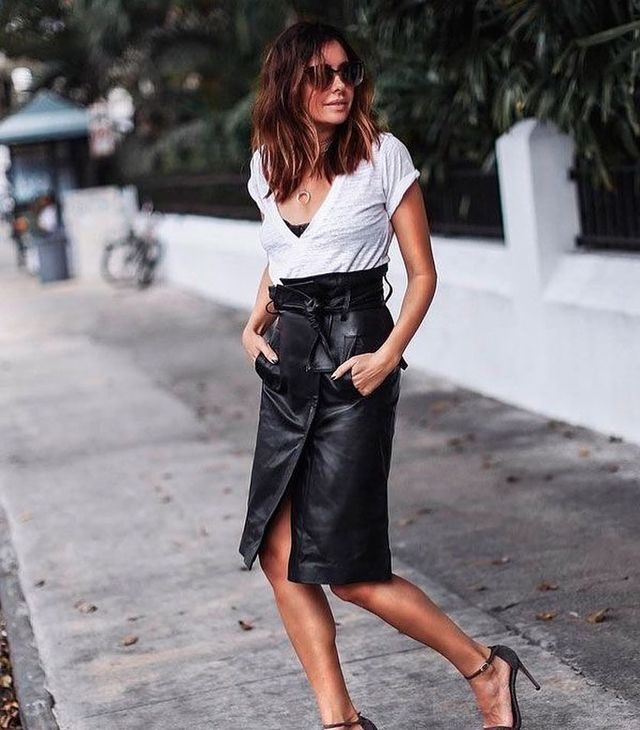 Leather skirt outfit
