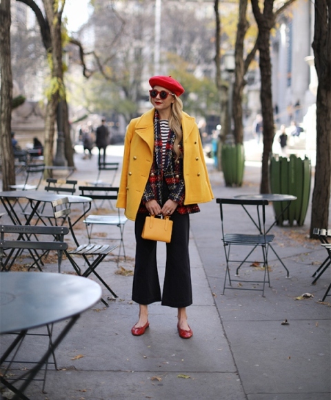 Black culottes outfit with a yellow blazer