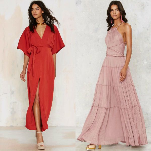 Woman in a red wrap dress with a deep V-neck and a front slit, and a woman wearing a pink tiered maxi dress with a halter neckline