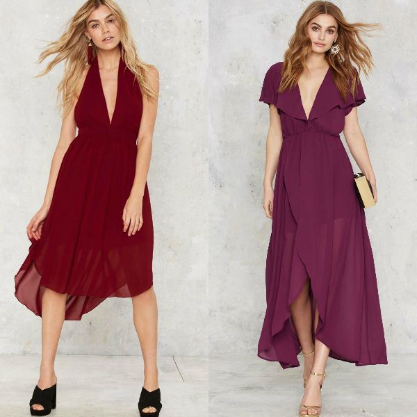 Woman wearing a burgundy sleeveless maxi dress with a deep V-neck and black platform heels, and another woman in a plum wrap dress with flutter sleeves and a high-low hem