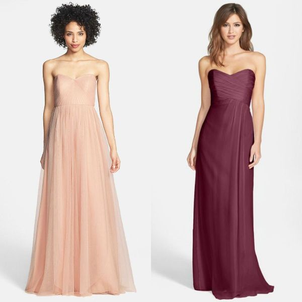 Woman in a light pink strapless gown with a tulle skirt and woman in a burgundy strapless gown with a ruched bodice