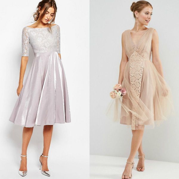Woman wearing a lilac A-line dress with lace sleeves and a nude tulle dress with lace detailing, both paired with silver heels
