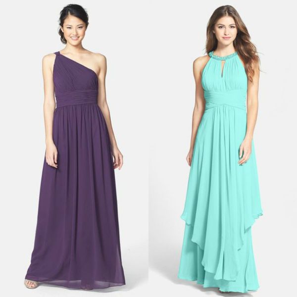Woman wearing a purple one-shoulder maxi dress and woman in a teal halter neck gown