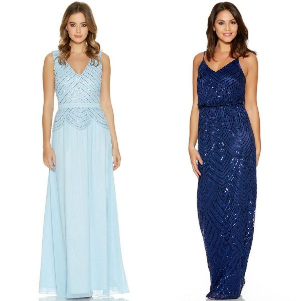 Woman in a light blue sleeveless gown with a beaded bodice and a navy blue sleeveless sequin gown with a draped neckline