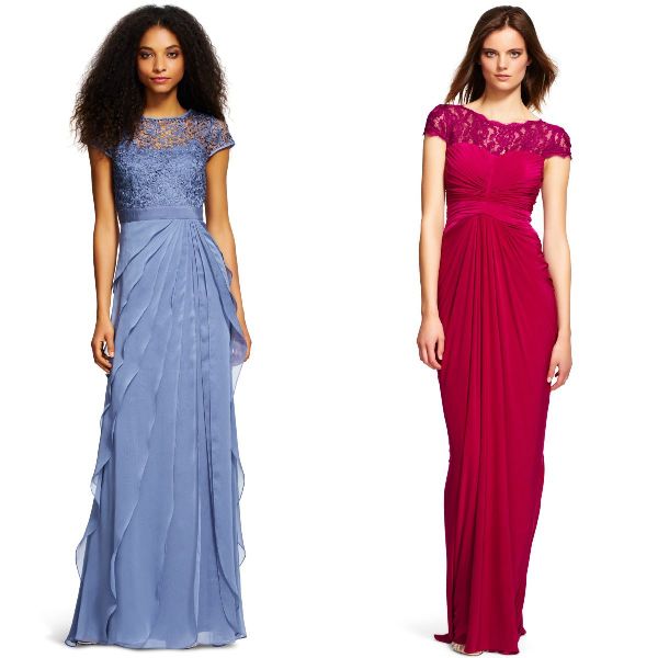 Woman in a light blue lace cap sleeve gown with a pleated skirt and woman in a burgundy lace off-the-shoulder gown with draped detailing