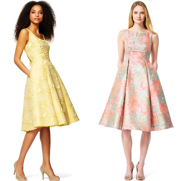 Woman wearing a yellow fit-and-flare dress with floral embroidery and nude peep-toe heels, alongside a woman in a pink and blue floral A-line dress with pockets and nude pumps