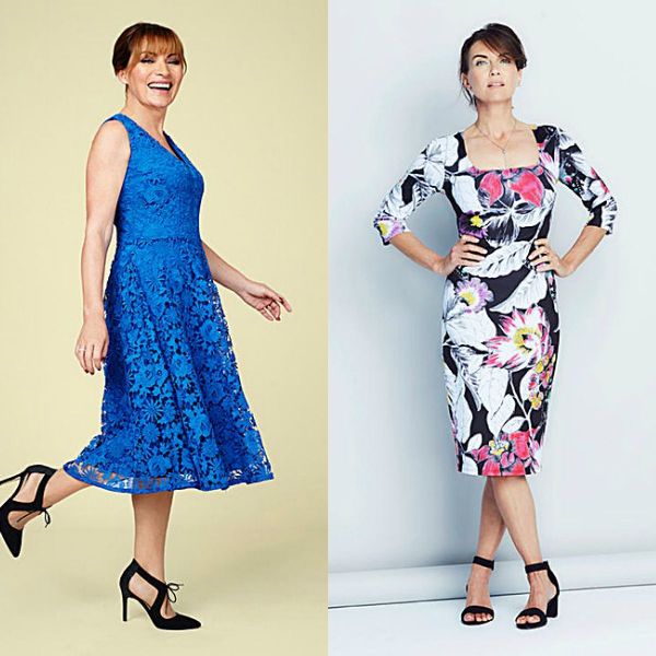 Woman wearing a blue lace fit-and-flare dress and black strappy heels, alongside a woman in a black floral bodycon dress and black ankle strap heels