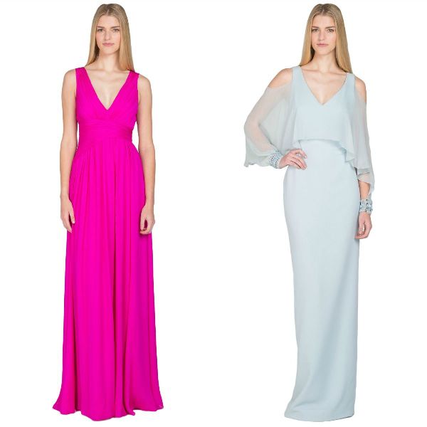Woman in a pink sleeveless maxi dress with a deep V-neck and woman in a light blue long-sleeve gown with cold shoulder detail