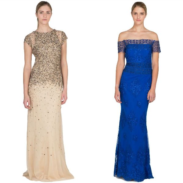 Woman in a beige embellished evening gown with cap sleeves and a blue off-the-shoulder gown with lace detailing