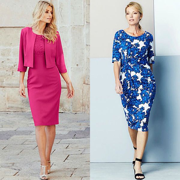 Woman wearing a pink fitted dress with a matching cropped jacket and silver strappy heels; woman in a blue floral midi dress with black sandals