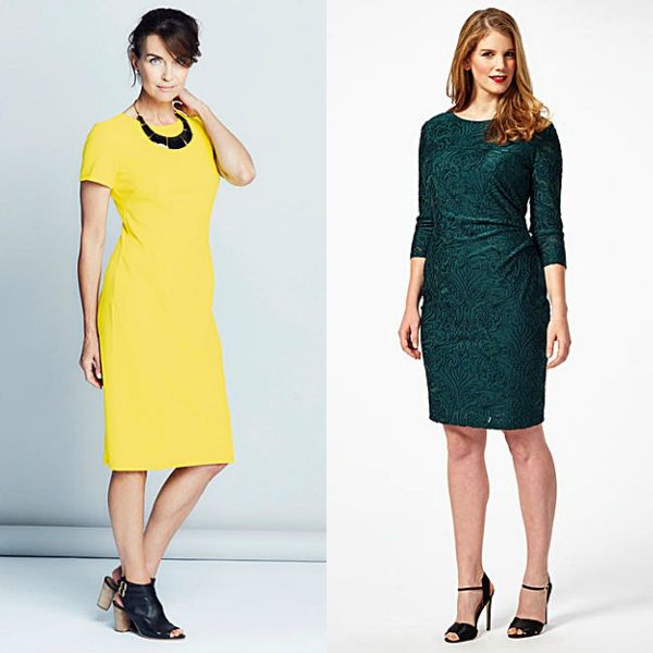 Woman wearing a yellow fitted dress with short sleeves and black ankle strap heels, alongside a woman in a green lace dress with three-quarter sleeves and black open-toe heels
