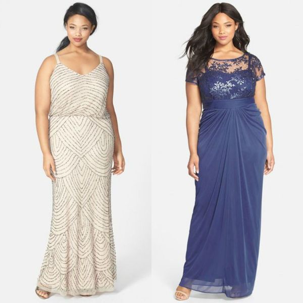 Woman wearing a beige beaded evening gown with a fitted silhouette and a woman in a navy blue draped gown with lace detailing