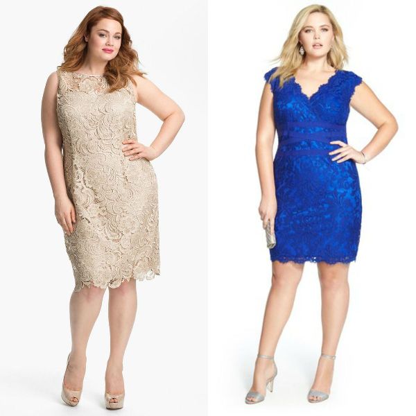 Woman wearing a beige lace sheath dress and woman in a blue lace fit-and-flare dress with silver heels