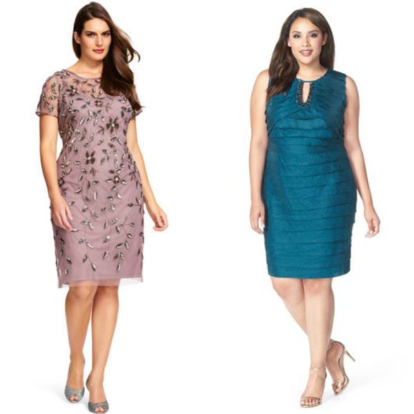 Woman wearing a pink embroidered sheath dress and silver heels, alongside a woman in a teal pleated dress and nude strappy sandals