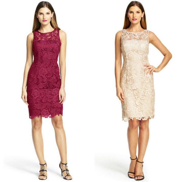 Woman in a burgundy lace sheath dress and a beige lace sheath dress, both paired with black strappy heels