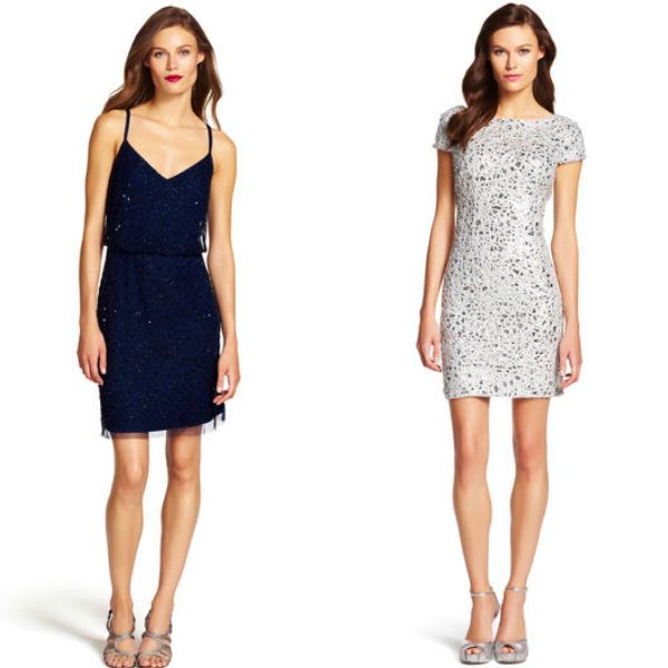 Woman wearing a navy sequin slip dress with spaghetti straps and a silver embellished sheath dress with short sleeves and silver heels