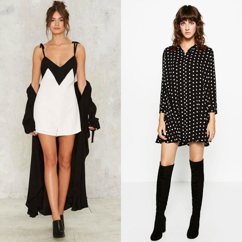 Woman wearing a black and white color-block romper with a long black cardigan and black ankle boots, alongside a woman in a black polka dot shirt dress and black over-the-knee boots