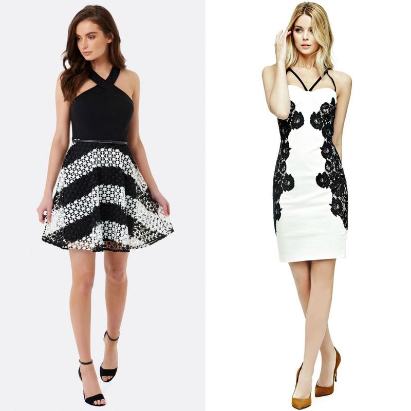 Woman wearing a black halter top, white and black striped skirt, and black ankle strap heels. Woman in a white dress with black lace detailing and tan pointed toe heels