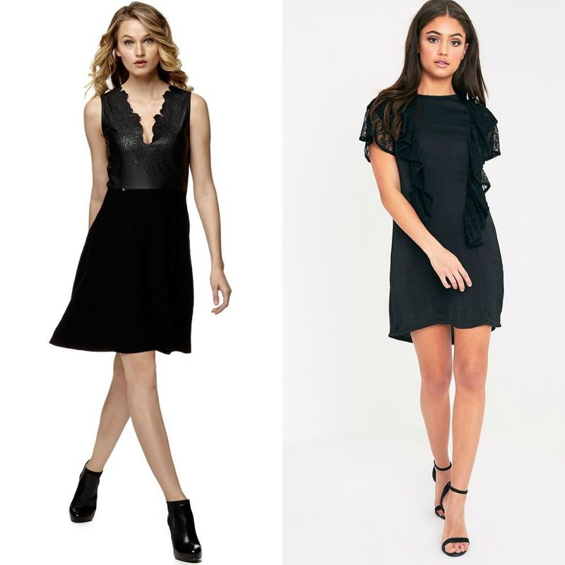 Woman wearing a black sleeveless dress with a lace bodice and a black short-sleeve dress with ruffle details and strappy heels
