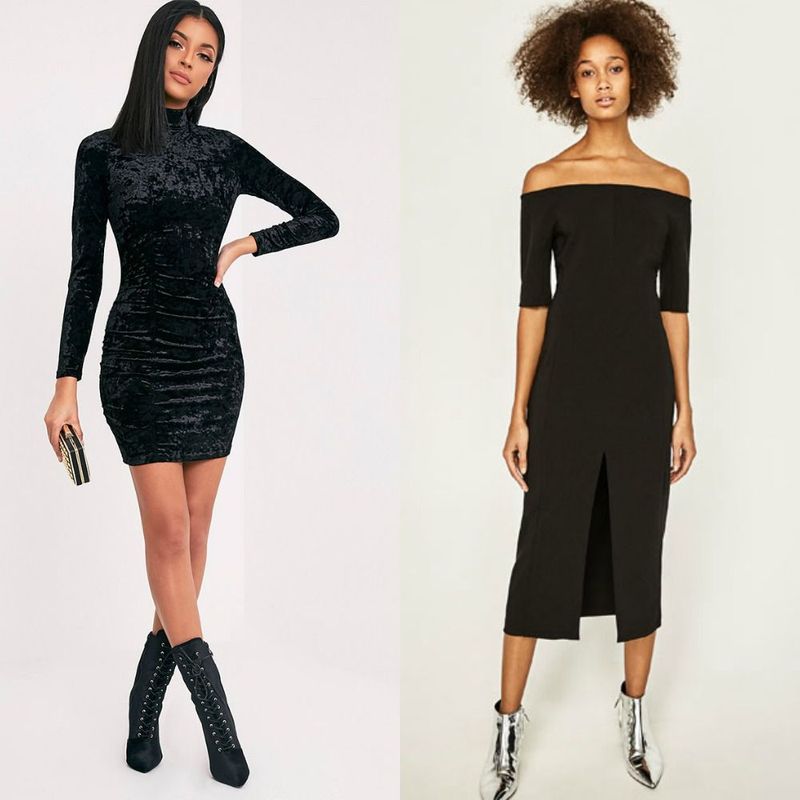 Woman wearing a black velvet long-sleeve mini dress and black lace-up ankle boots, next to a woman in a black off-the-shoulder midi dress with a front slit and silver ankle boots