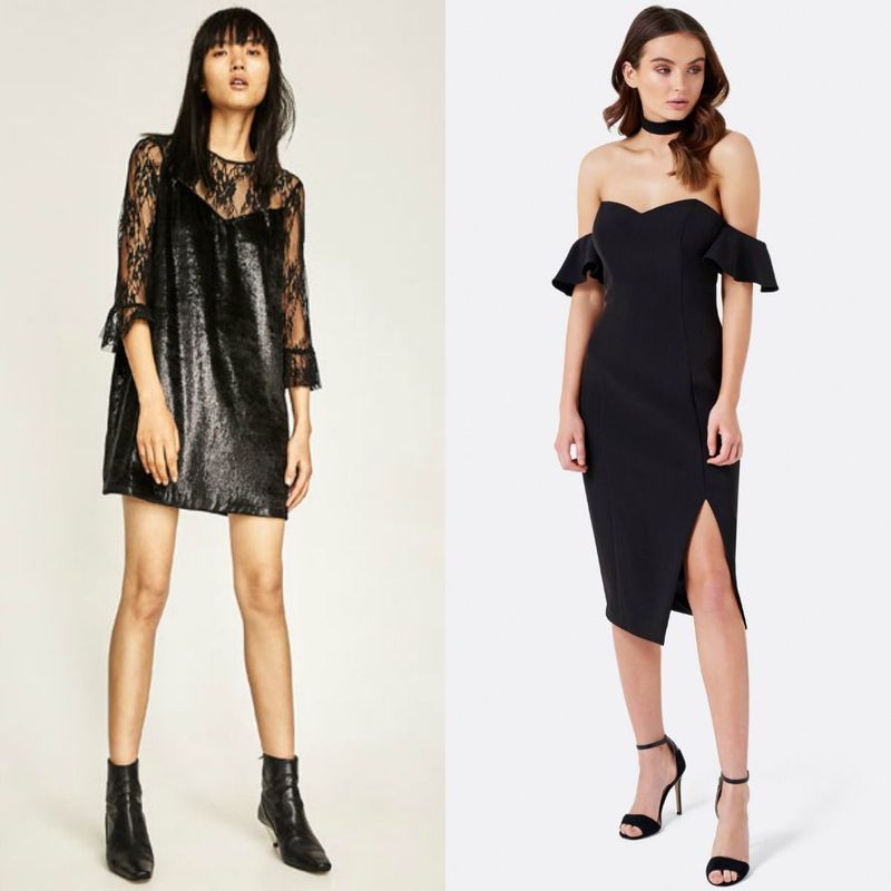 Woman wearing a black lace sleeve dress with a shiny finish and a black off-the-shoulder midi dress with a side slit and strappy heels