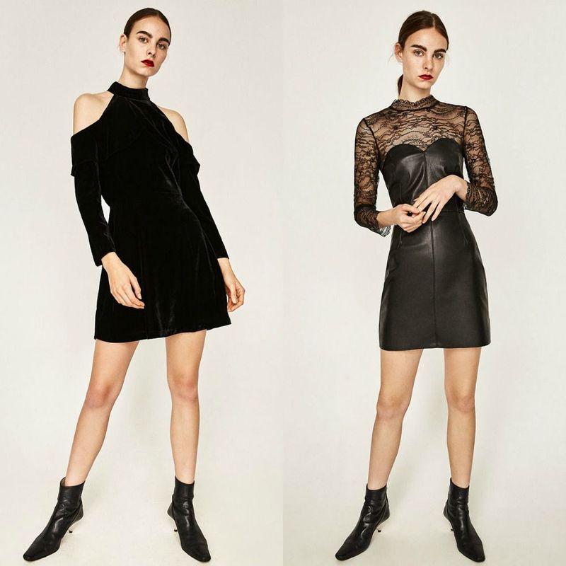 Woman wearing a black velvet off-shoulder dress and a black lace long-sleeve dress with black ankle boots