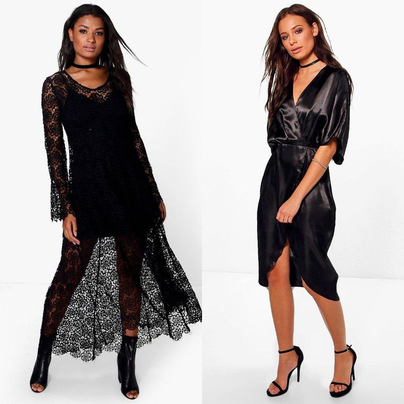 Woman wearing a black lace maxi dress with bell sleeves and a black satin wrap dress with a deep V-neck and high slit