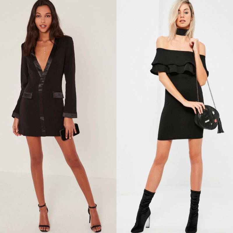 Woman wearing a black blazer dress with a deep V-neck and black strappy heels, and woman in a black off-the-shoulder ruffle dress with knee-high black boots
