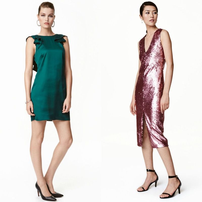 Woman wearing a green satin shift dress with ruffle details and black pointed-toe heels, alongside a woman in a pink sequin wrap dress and black strappy sandals