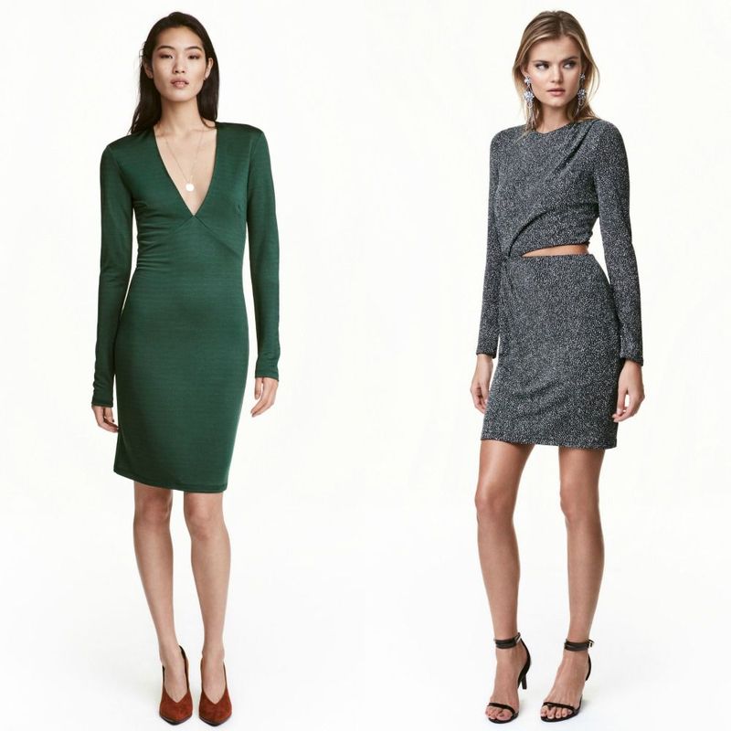 Woman wearing a green long-sleeve bodycon dress and brown pointed-toe heels, alongside a woman in a grey long-sleeve wrap dress and black strappy heels