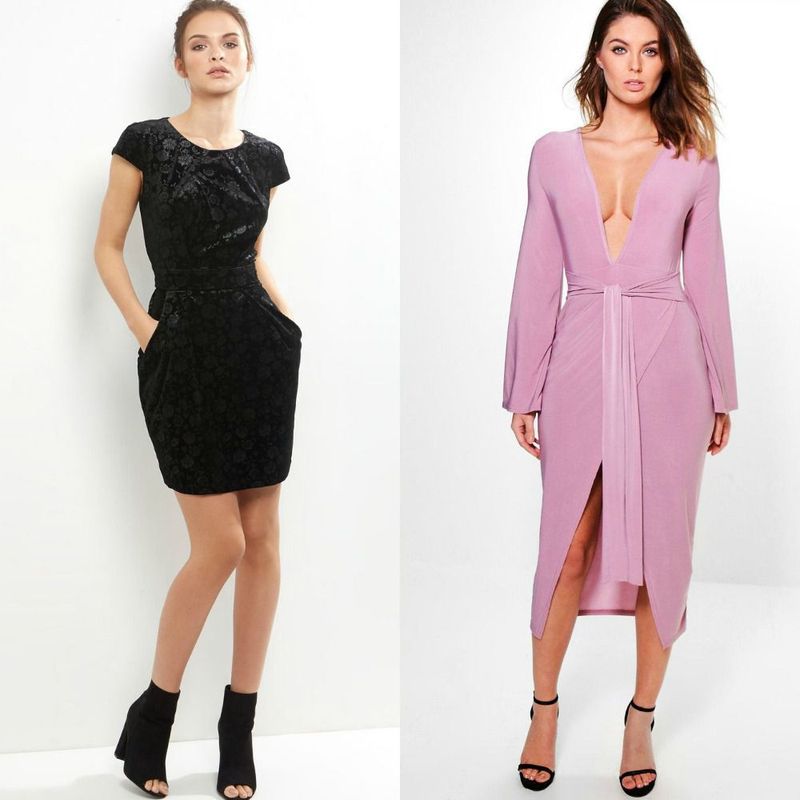 Woman wearing a black velvet short-sleeve dress with pockets and black ankle boots, alongside a woman in a pink long-sleeve wrap dress with a deep V-neck and side slit