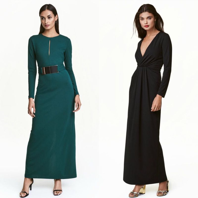 Woman in a green long-sleeve maxi dress with a belt and a black long-sleeve wrap dress with a deep V-neck