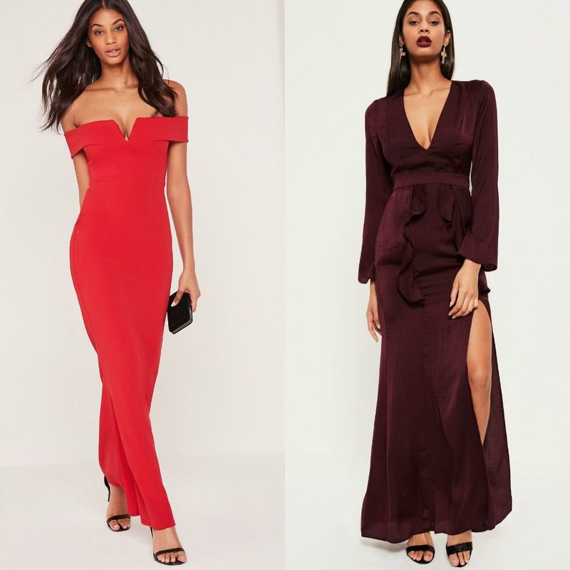 Woman in a red off-the-shoulder gown and black strappy heels, alongside a woman in a burgundy long-sleeve gown with a thigh-high slit and black heels