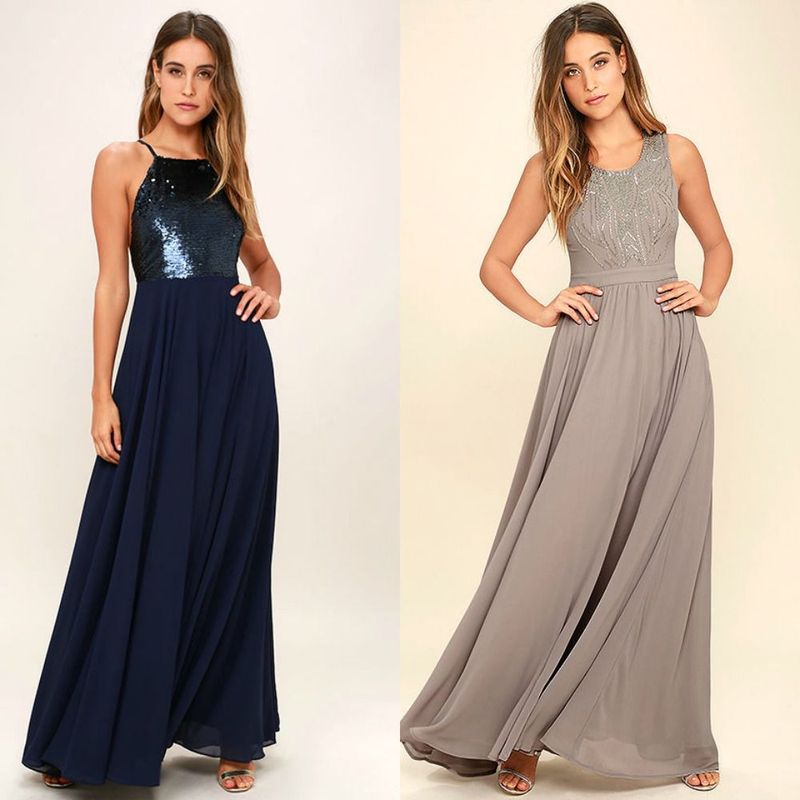 Woman in a navy sequin bodice maxi dress and a grey embellished waist maxi dress