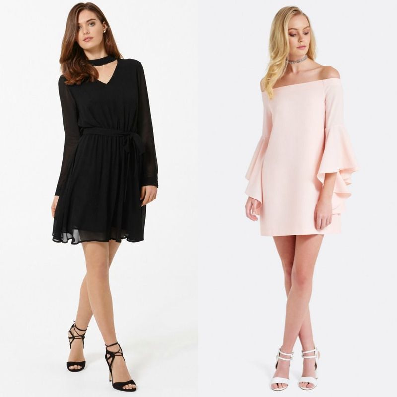 Woman wearing a black long-sleeve dress with a tie waist and black strappy heels, alongside a woman in a pink off-the-shoulder dress with bell sleeves and white block-heeled sandals