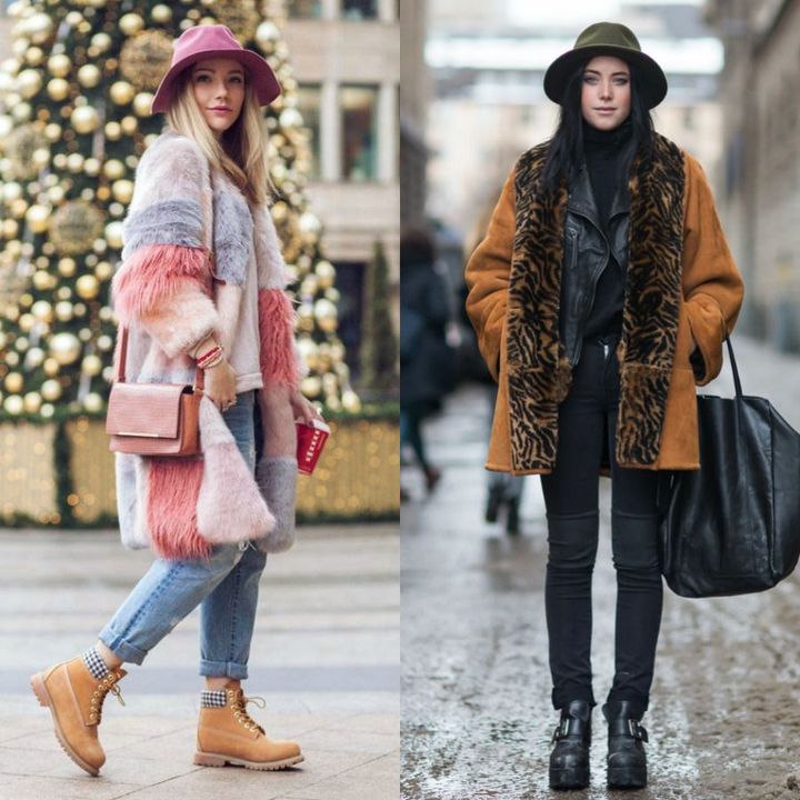 Woman wearing a pastel faux fur coat, light blue jeans, and tan lace-up boots, with a pink hat. Woman in a brown leopard print coat, black leather jacket, and black skinny jeans, carrying a large black bag
