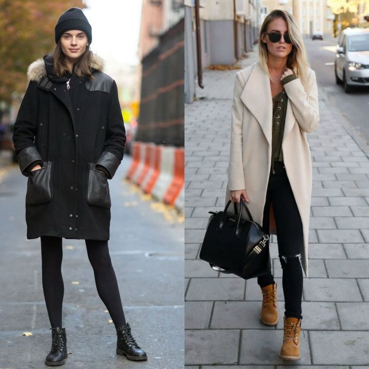 Woman wearing a black parka coat, black leggings, and black combat boots, standing on a city street; woman in a cream coat, olive green top, black ripped jeans, and tan ankle boots, walking on a sidewalk