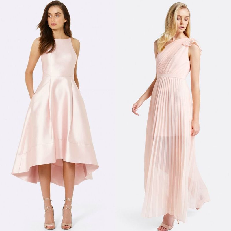 Women in a light pink satin high-low dress and a light pink pleated maxi dress with strappy heels