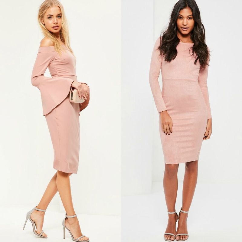 Woman wearing a blush off-the-shoulder dress with bell sleeves and a fitted blush long-sleeve dress, both paired with clear heeled sandals