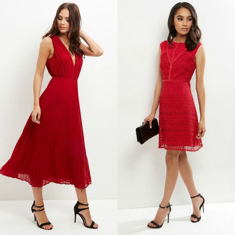 Woman wearing a red pleated midi dress and black strappy heels on the left, and a woman in a red lace mini dress with black ankle straps on the right