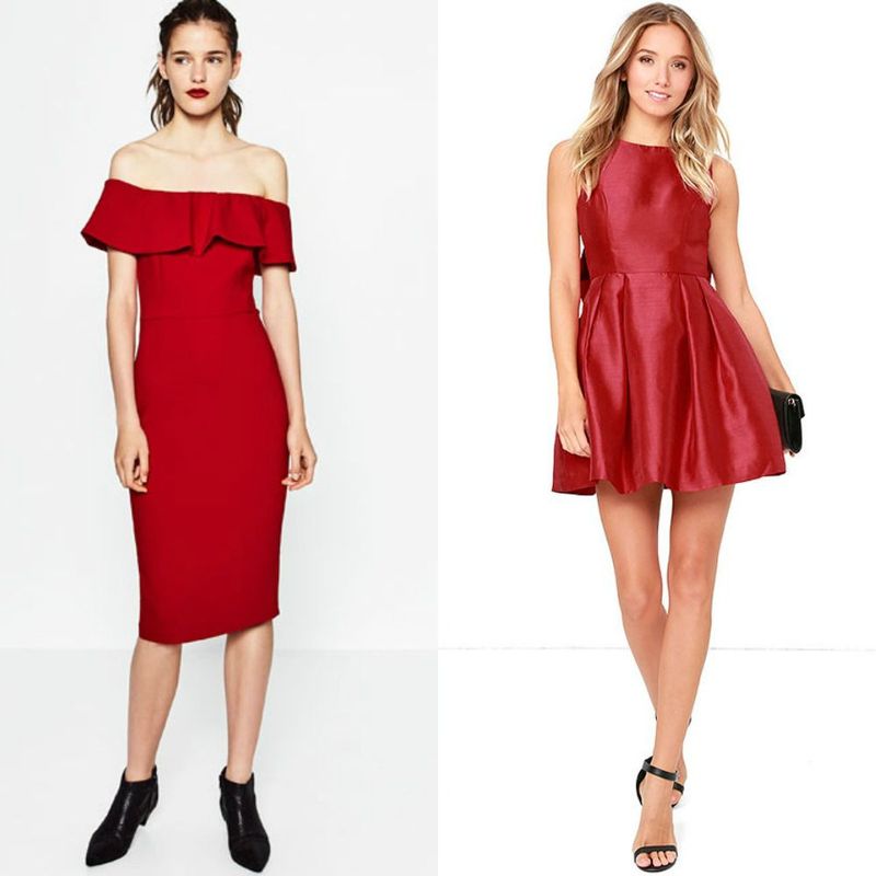 Woman wearing a red off-the-shoulder midi dress and black ankle boots, alongside a woman in a red fit-and-flare dress with black strappy heels