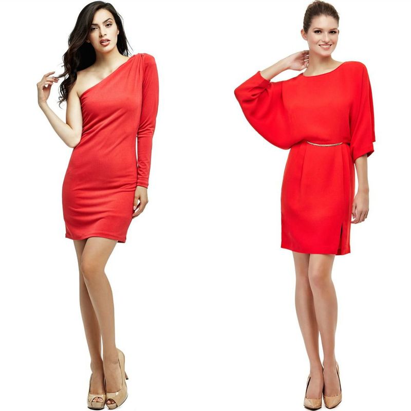 Woman wearing a red one-shoulder dress with long sleeve and a red short-sleeve dress with a belt, both paired with nude heels