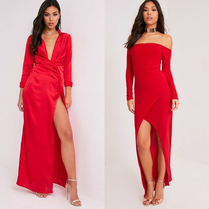 Woman wearing a red satin wrap dress with a thigh-high slit and a red off-the-shoulder dress with a side slit, both paired with metallic strappy heels