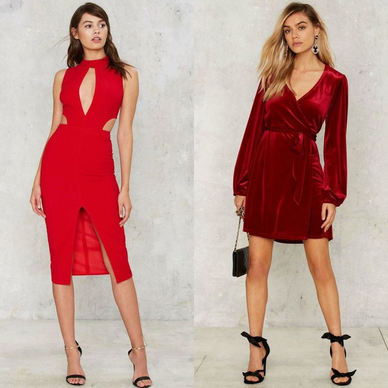 Woman wearing a red bodycon dress with cut-out details and a high neckline, and another woman in a red velvet wrap dress with long sleeves and a tie waist