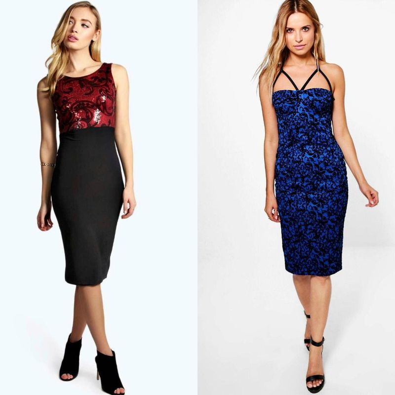 Woman wearing a black pencil dress with a red sequined bodice and another woman in a blue floral bodycon dress with black strappy heels