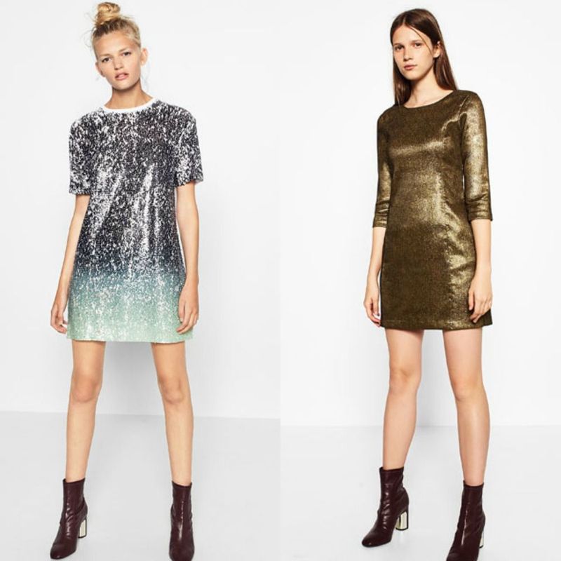 Woman wearing a silver sequin ombre dress and another woman in a gold metallic shift dress with brown ankle boots