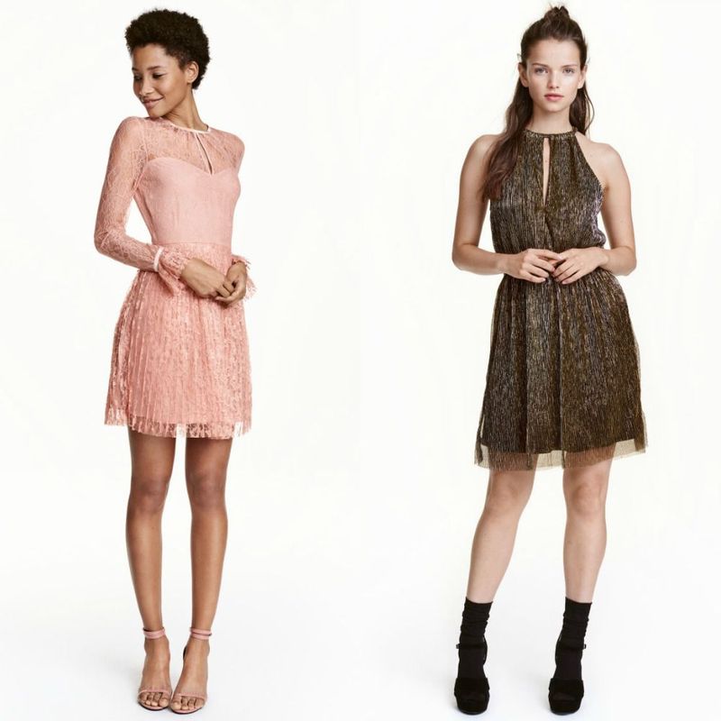 Woman wearing a pink lace long-sleeve dress with a keyhole neckline and a dark green textured halter dress with fringe detailing