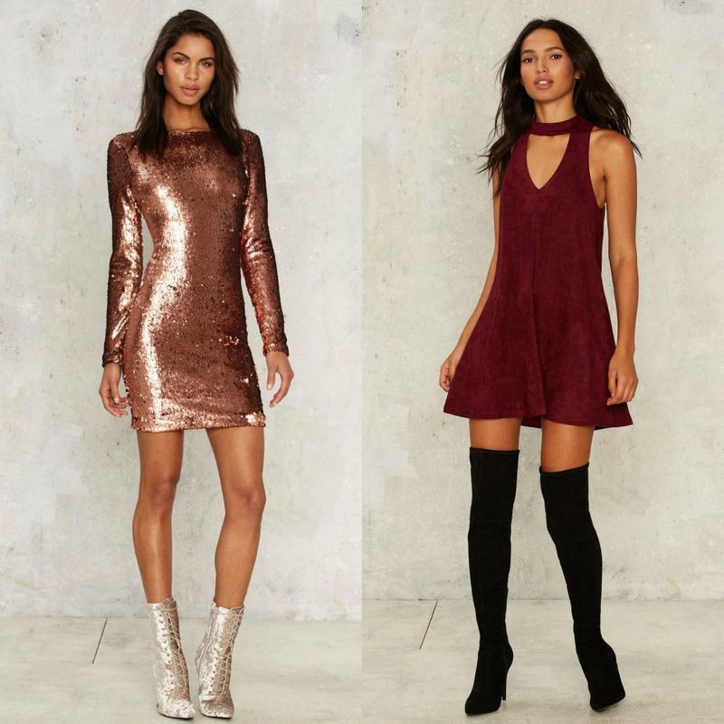 Woman wearing a rose gold sequin long-sleeve dress with silver ankle boots and a burgundy sleeveless shift dress with black thigh-high boots