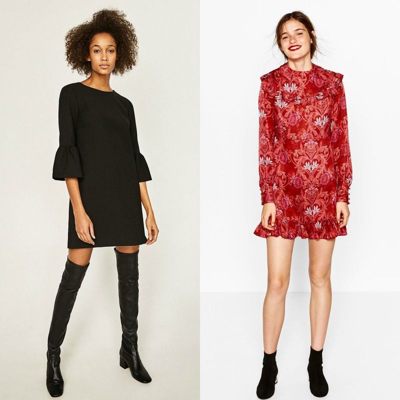 Woman wearing a black bell-sleeve dress and over-the-knee black boots, alongside a woman in a red floral long-sleeve dress and black ankle boots